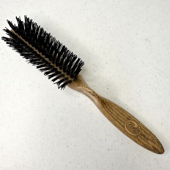 VTG Goody Faux Wood Grain Pattern Hair BRUSH Nylon Bristles Thumb Grip Handle - Picture 1 of 9